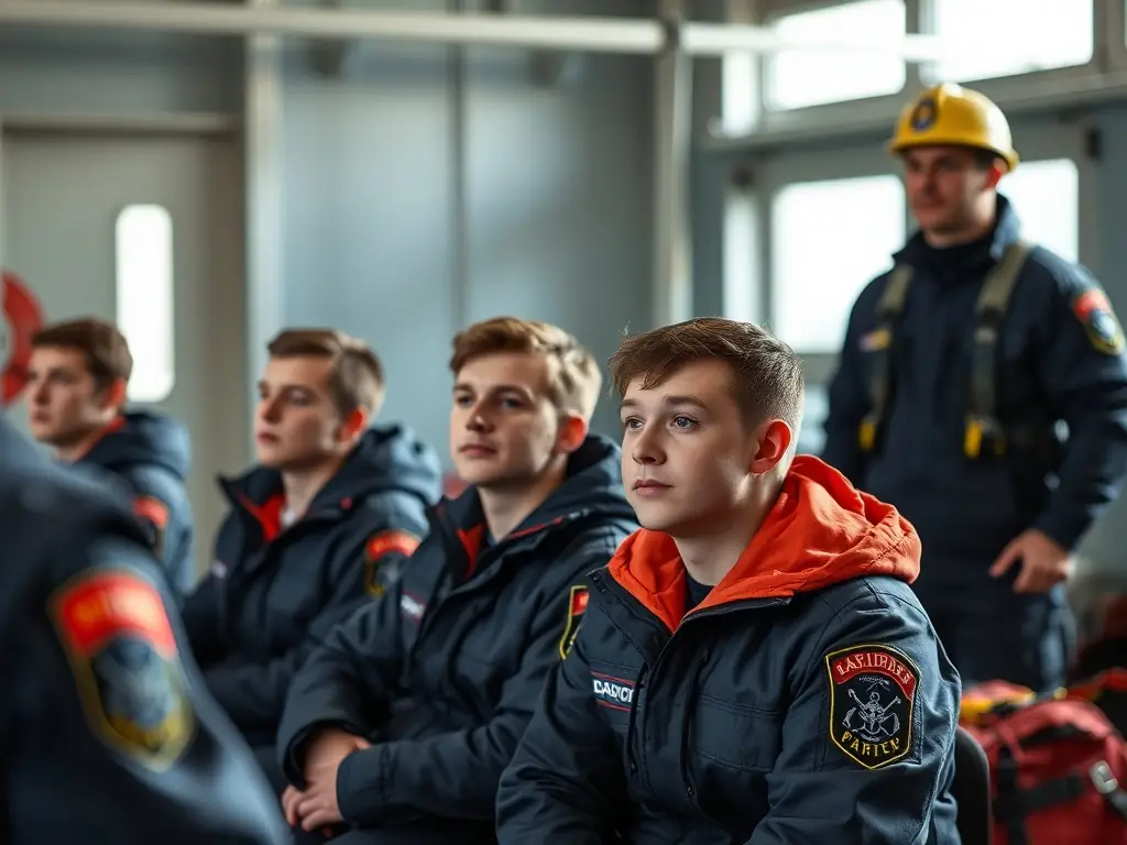 A group of young sapeurs-pompiers attentively listening to an instructor during a training session, focusing on essential firefighting techniques and safety protocols.