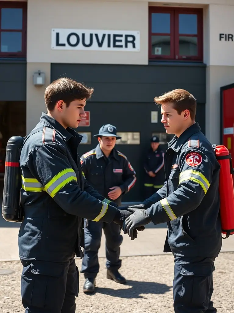 A group of young sapeurs-pompiers participating in a training exercise, focusing on teamwork and problem-solving skills, set against the backdrop of the Louviers fire station.
