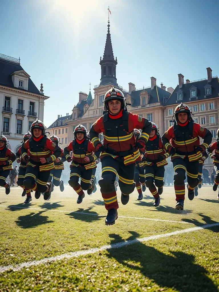 Sapeurs-pompiers participating in a sports competition, showcasing their physical fitness and competitive spirit, with the Louviers cityscape in the background.