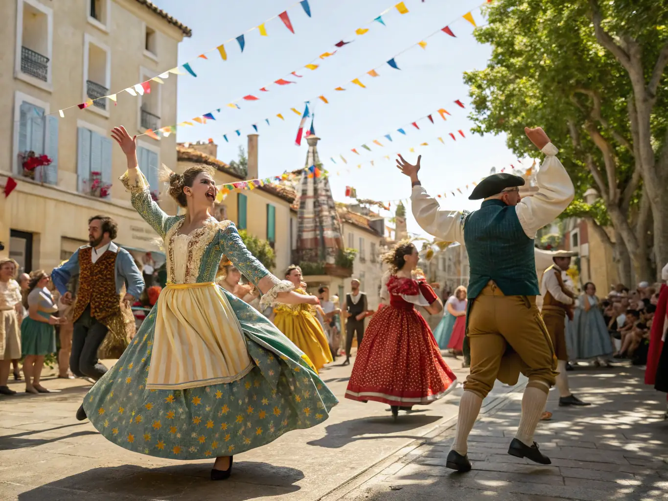 A lively cultural event featuring traditional French music and dance, with community members of all ages participating and celebrating local heritage.