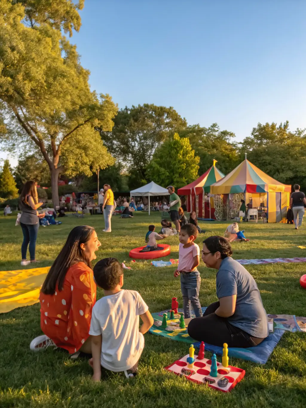 A vibrant scene from a community event organized by the AMICALE, showing families enjoying games and activities in a local park in Louviers.